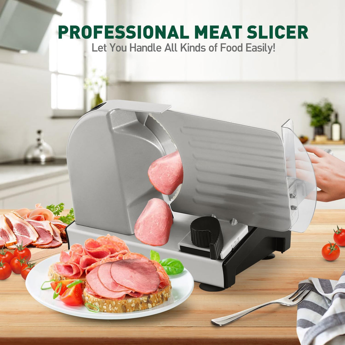 Meat Slicer, Electric Deli Meat Slicer with 2 Removable 8.7''Stainless Steel Blades,Removable Food Carriage,1-20mm Adjustable Thickness Food Slicer for Home,Easy for Cut Meat,Cheese,Bread