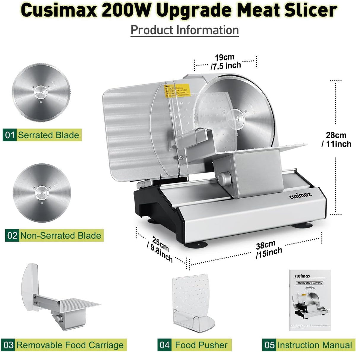 Meat Slicer, Electric Deli Meat Slicer with 2 Removable 8.7''Stainless Steel Blades,Removable Food Carriage,1-20mm Adjustable Thickness Food Slicer for Home,Easy for Cut Meat,Cheese,Bread