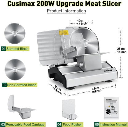 Meat Slicer, Electric Deli Meat Slicer with 2 Removable 8.7''Stainless Steel Blades,Removable Food Carriage,1-20mm Adjustable Thickness Food Slicer for Home,Easy for Cut Meat,Cheese,Bread