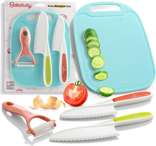 Kid-Safe Plastic Knife Set with Cutting Board & Peeler | Kids Knives with Blunt-Tip Design, BPA-Free Materials, Dishwasher Safe, Ideal for Slicing Fruits, Vegetables, Bread and More