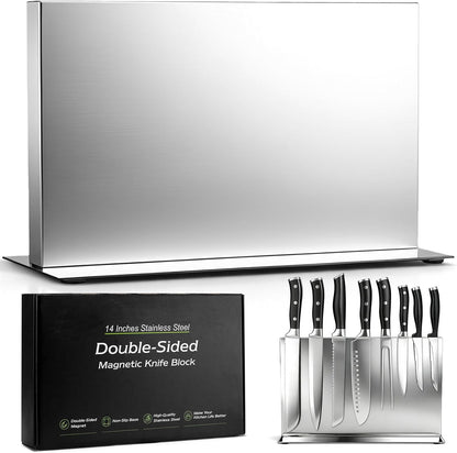 Extra Large Double-Sided Magnetic Knife Block, 14in Silver Stainless Steel Knife Holder for Kitchen Countertop, Safe & Space-Saving Knife Storage Organizer