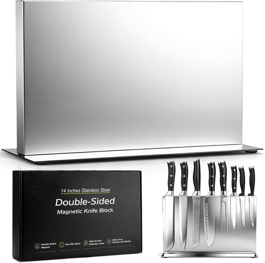 Extra Large Double-Sided Magnetic Knife Block, 14in Silver Stainless Steel Knife Holder for Kitchen Countertop, Safe & Space-Saving Knife Storage Organizer