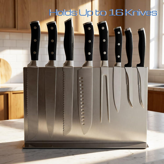 Extra Large Double-Sided Magnetic Knife Block, 14in Silver Stainless Steel Knife Holder for Kitchen Countertop, Safe & Space-Saving Knife Storage Organizer