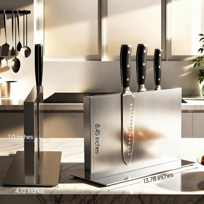 Extra Large Double-Sided Magnetic Knife Block, 14in Silver Stainless Steel Knife Holder for Kitchen Countertop, Safe & Space-Saving Knife Storage Organizer