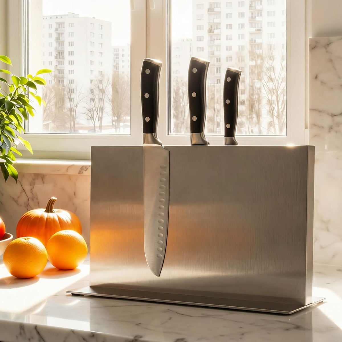 Extra Large Double-Sided Magnetic Knife Block, 14in Silver Stainless Steel Knife Holder for Kitchen Countertop, Safe & Space-Saving Knife Storage Organizer