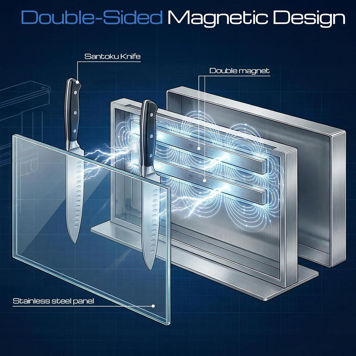 Extra Large Double-Sided Magnetic Knife Block, 14in Silver Stainless Steel Knife Holder for Kitchen Countertop, Safe & Space-Saving Knife Storage Organizer