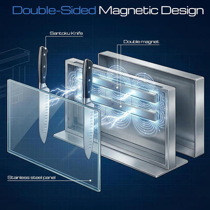 Extra Large Double-Sided Magnetic Knife Block, 14in Silver Stainless Steel Knife Holder for Kitchen Countertop, Safe & Space-Saving Knife Storage Organizer