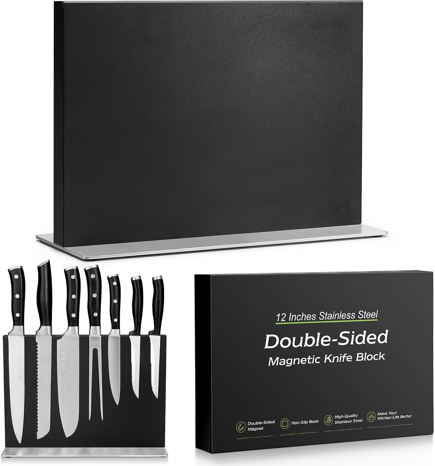 Extra Large Double-Sided Magnetic Knife Block, 14in Silver Stainless Steel Knife Holder for Kitchen Countertop, Safe & Space-Saving Knife Storage Organizer