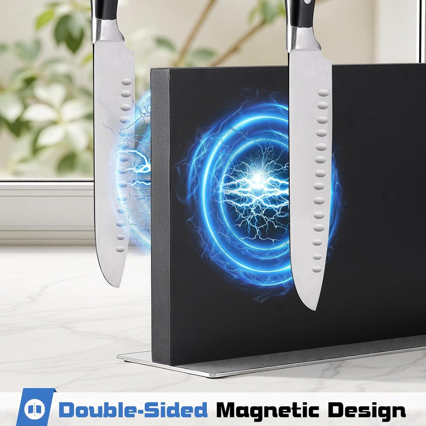 Extra Large Double-Sided Magnetic Knife Block, 14in Silver Stainless Steel Knife Holder for Kitchen Countertop, Safe & Space-Saving Knife Storage Organizer