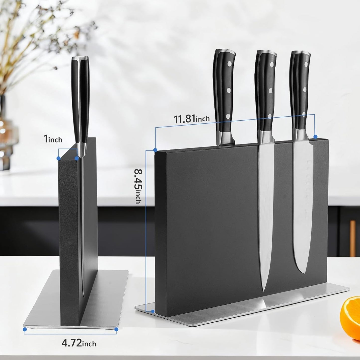 Extra Large Double-Sided Magnetic Knife Block, 14in Silver Stainless Steel Knife Holder for Kitchen Countertop, Safe & Space-Saving Knife Storage Organizer