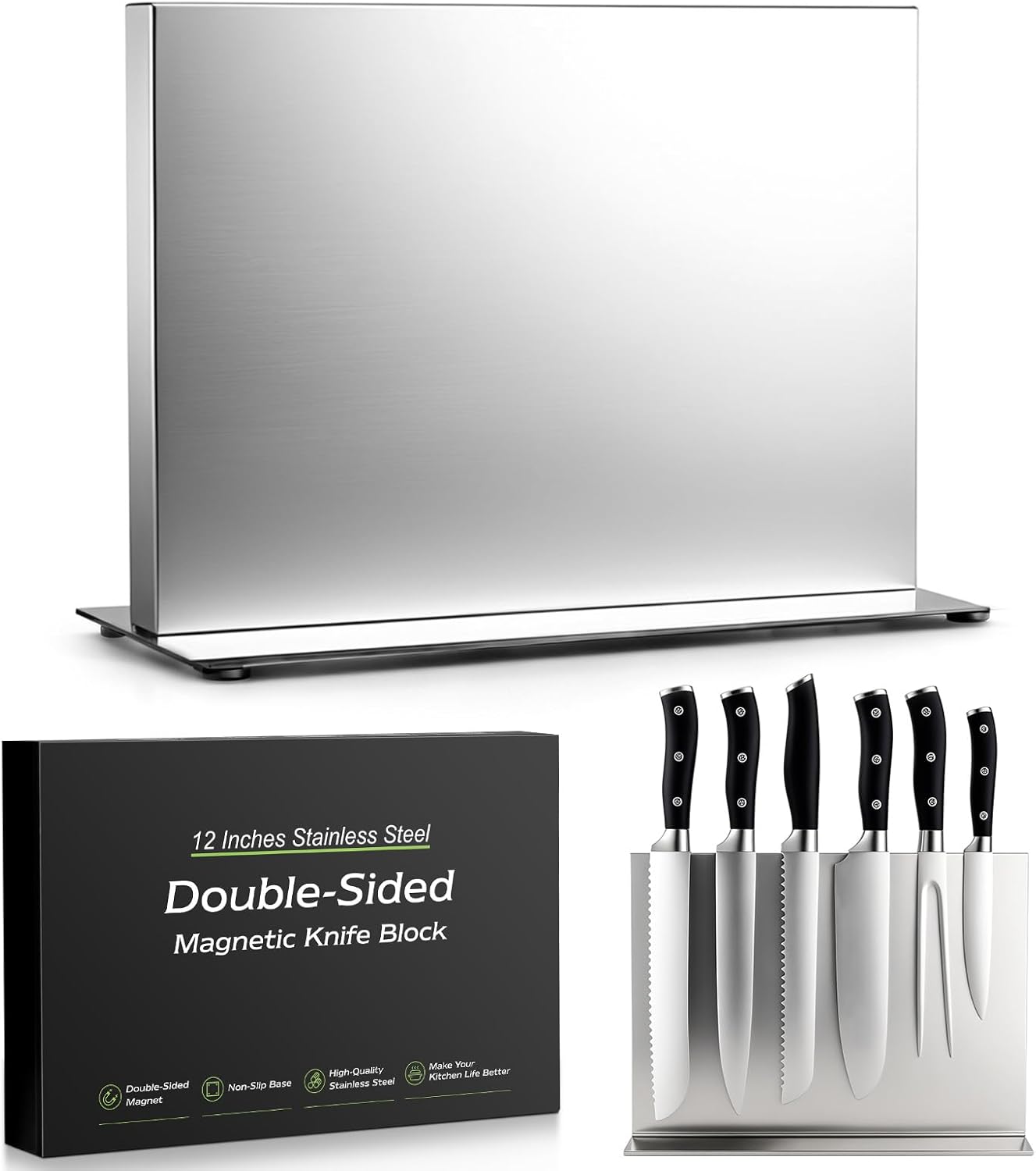Extra Large Double-Sided Magnetic Knife Block, 14in Silver Stainless Steel Knife Holder for Kitchen Countertop, Safe & Space-Saving Knife Storage Organizer
