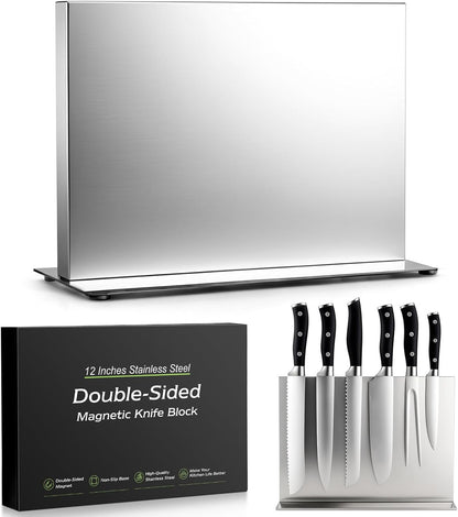 Extra Large Double-Sided Magnetic Knife Block, 14in Silver Stainless Steel Knife Holder for Kitchen Countertop, Safe & Space-Saving Knife Storage Organizer