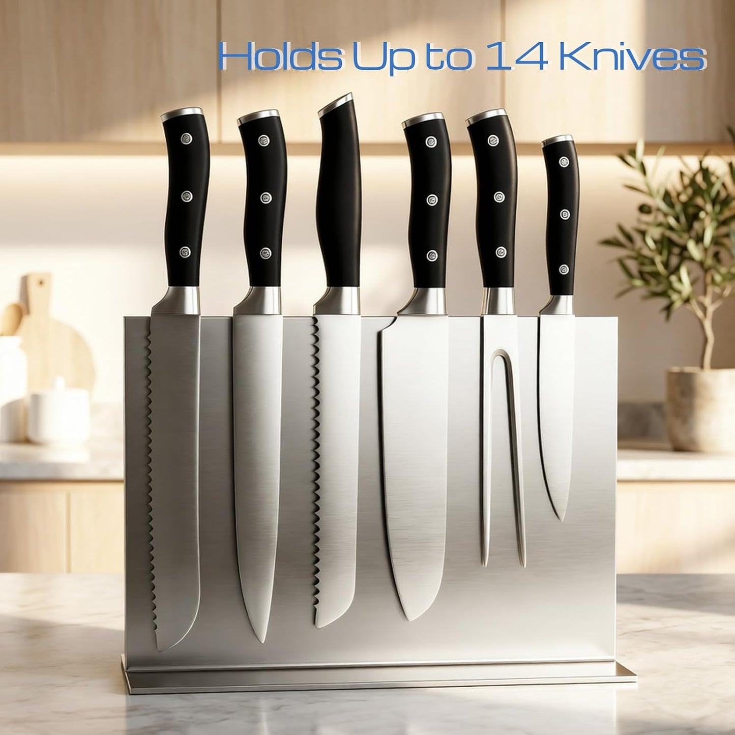 Extra Large Double-Sided Magnetic Knife Block, 14in Silver Stainless Steel Knife Holder for Kitchen Countertop, Safe & Space-Saving Knife Storage Organizer