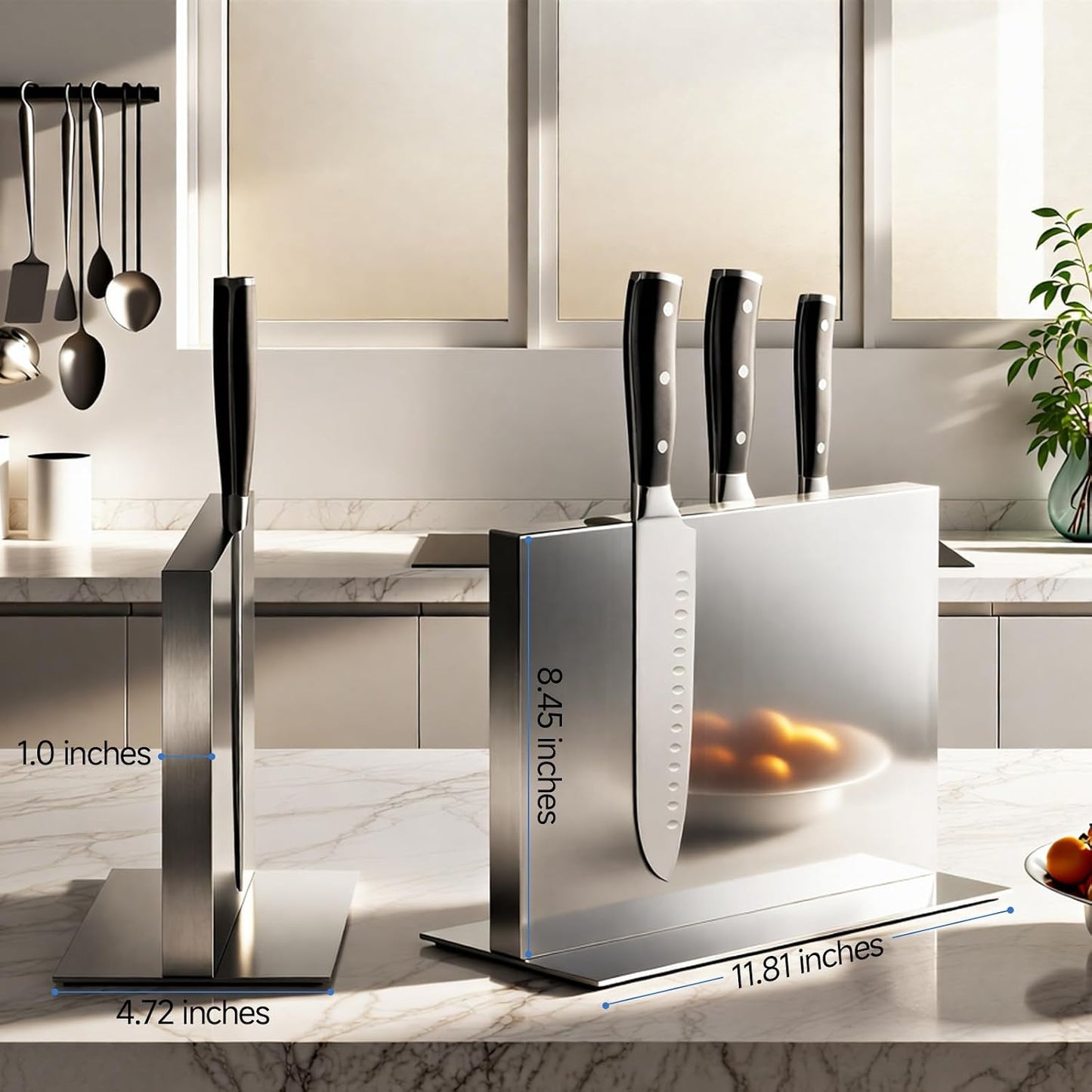 Extra Large Double-Sided Magnetic Knife Block, 14in Silver Stainless Steel Knife Holder for Kitchen Countertop, Safe & Space-Saving Knife Storage Organizer