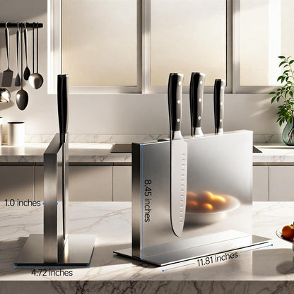Extra Large Double-Sided Magnetic Knife Block, 14in Silver Stainless Steel Knife Holder for Kitchen Countertop, Safe & Space-Saving Knife Storage Organizer