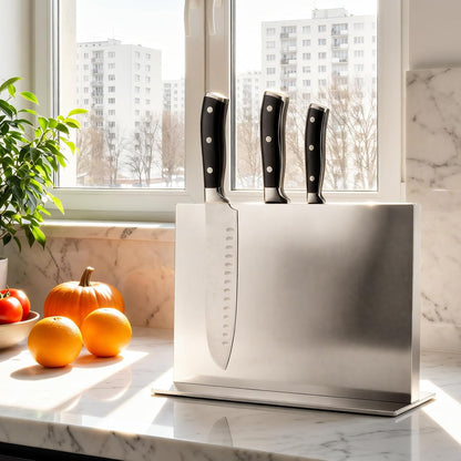 Extra Large Double-Sided Magnetic Knife Block, 14in Silver Stainless Steel Knife Holder for Kitchen Countertop, Safe & Space-Saving Knife Storage Organizer