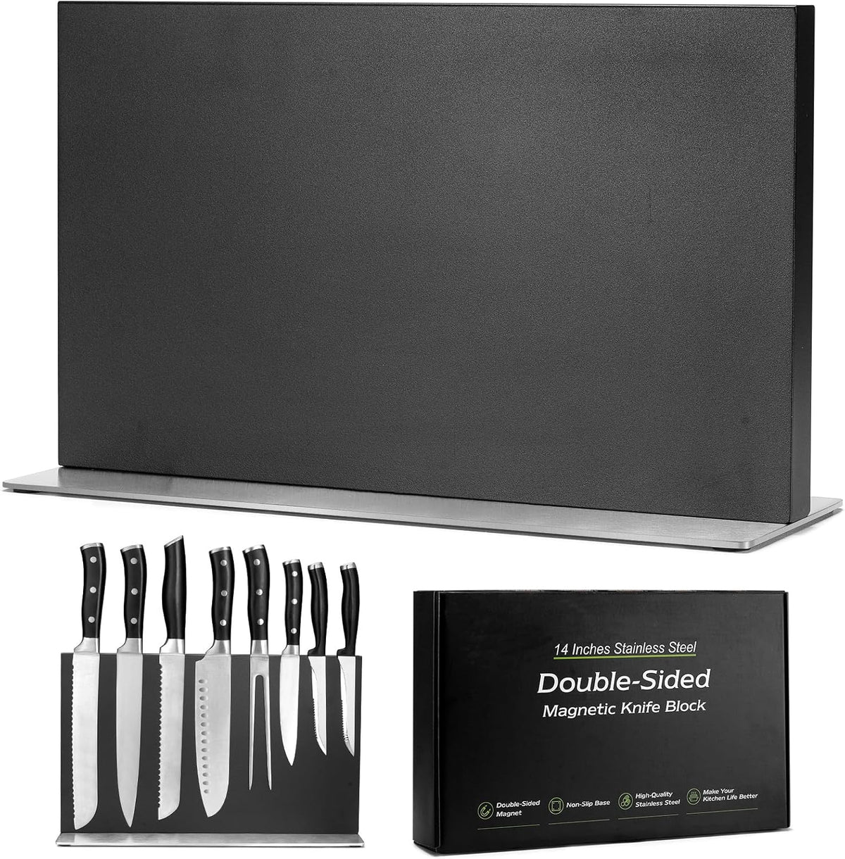 Extra Large Double-Sided Magnetic Knife Block, 14in Silver Stainless Steel Knife Holder for Kitchen Countertop, Safe & Space-Saving Knife Storage Organizer