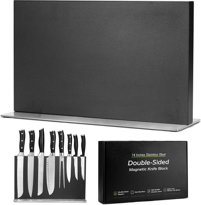 Extra Large Double-Sided Magnetic Knife Block, 14in Silver Stainless Steel Knife Holder for Kitchen Countertop, Safe & Space-Saving Knife Storage Organizer