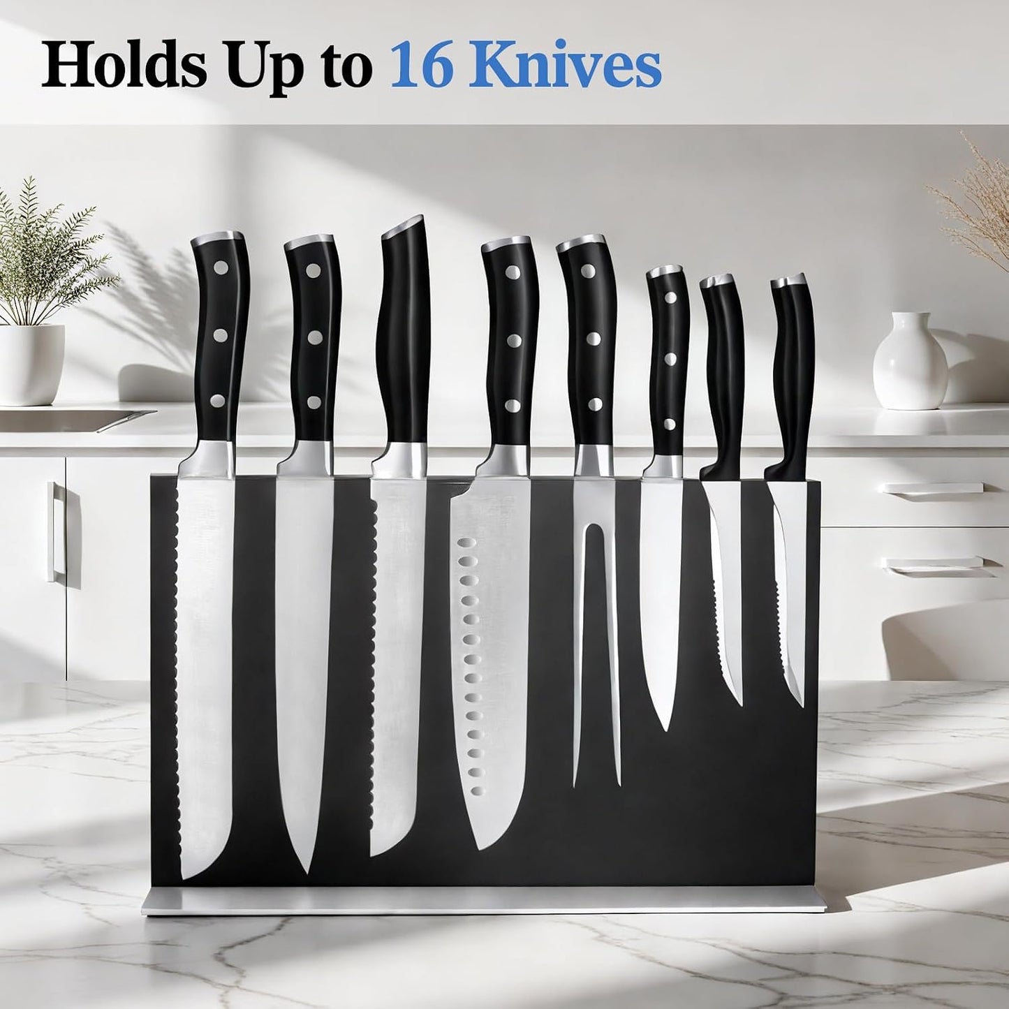 Extra Large Double-Sided Magnetic Knife Block, 14in Silver Stainless Steel Knife Holder for Kitchen Countertop, Safe & Space-Saving Knife Storage Organizer