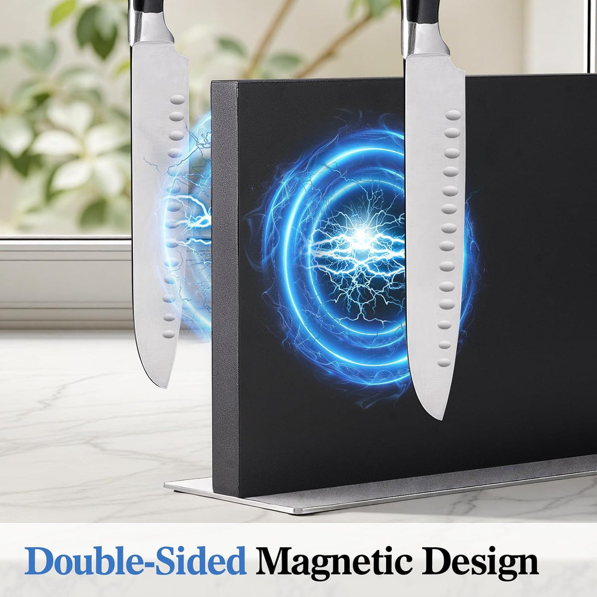 Extra Large Double-Sided Magnetic Knife Block, 14in Silver Stainless Steel Knife Holder for Kitchen Countertop, Safe & Space-Saving Knife Storage Organizer