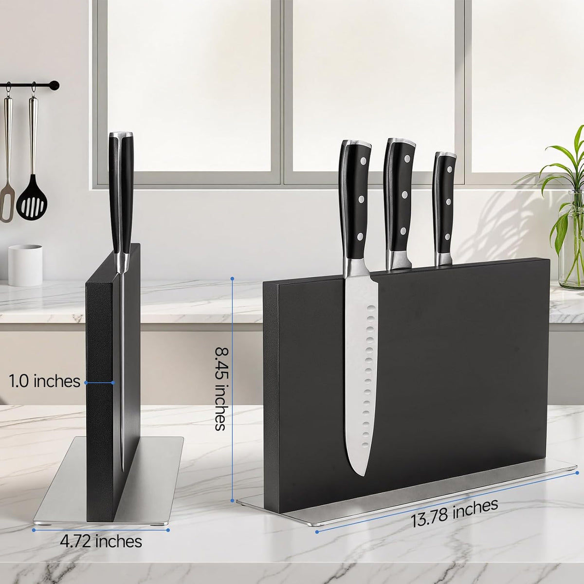 Extra Large Double-Sided Magnetic Knife Block, 14in Silver Stainless Steel Knife Holder for Kitchen Countertop, Safe & Space-Saving Knife Storage Organizer