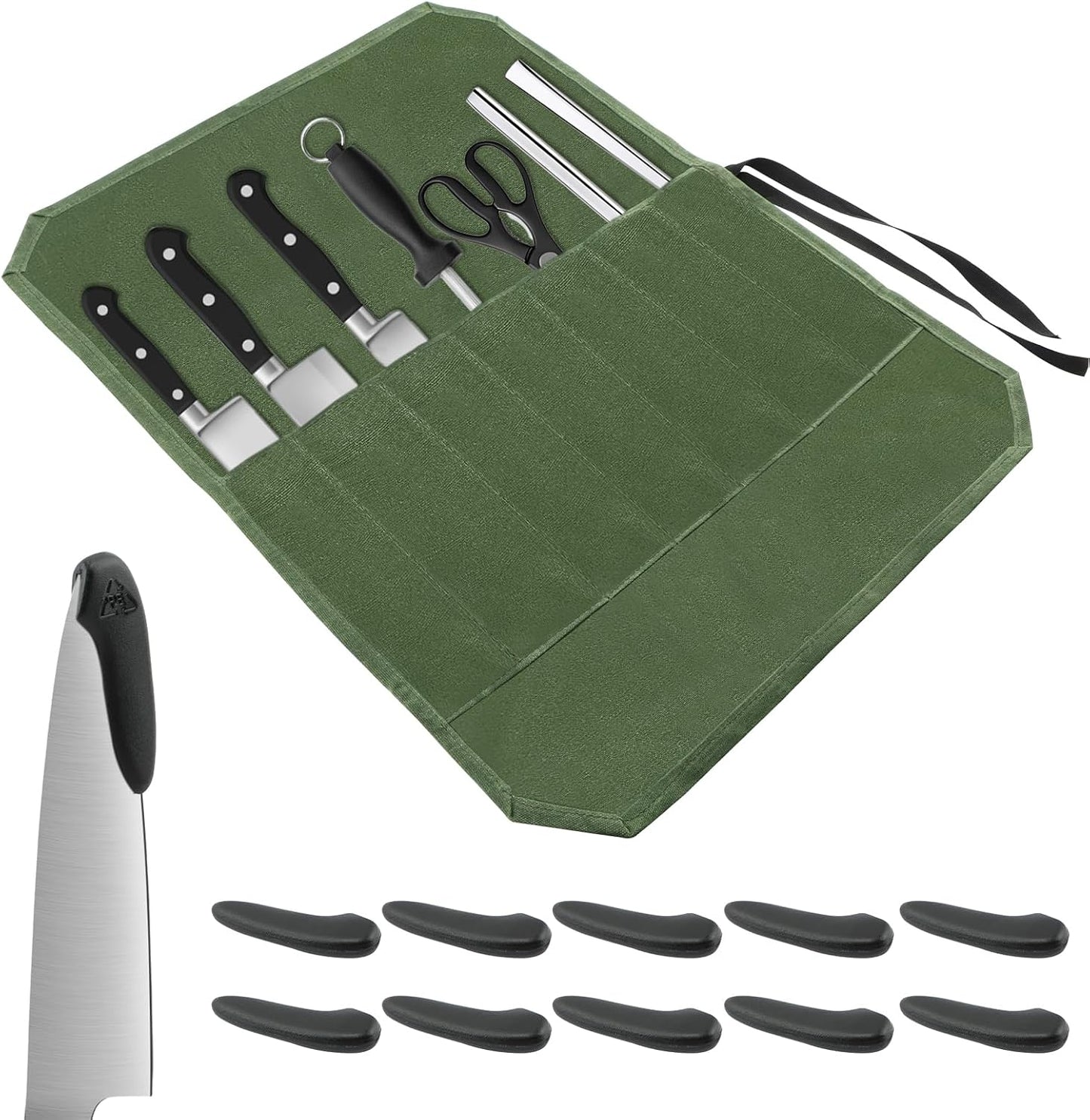 Knife Roll Bag, Chef’s Knife Roll Bag, Waterproof Waxed Canvas Pouch with 7 Slots, Multi-function Cutlery Knives Pouch Holder for Home Kitchen Travel Camping