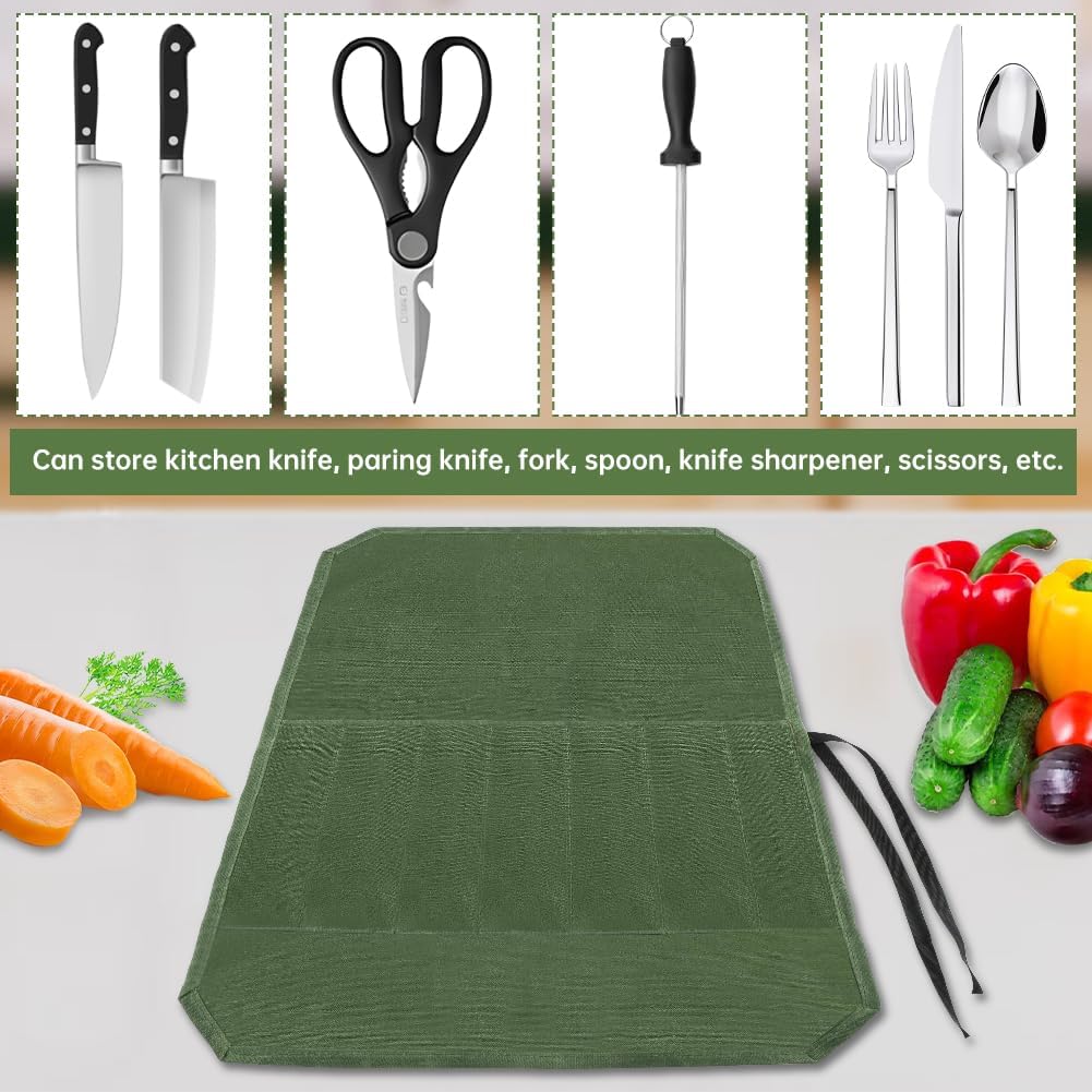 Knife Roll Bag, Chef’s Knife Roll Bag, Waterproof Waxed Canvas Pouch with 7 Slots, Multi-function Cutlery Knives Pouch Holder for Home Kitchen Travel Camping