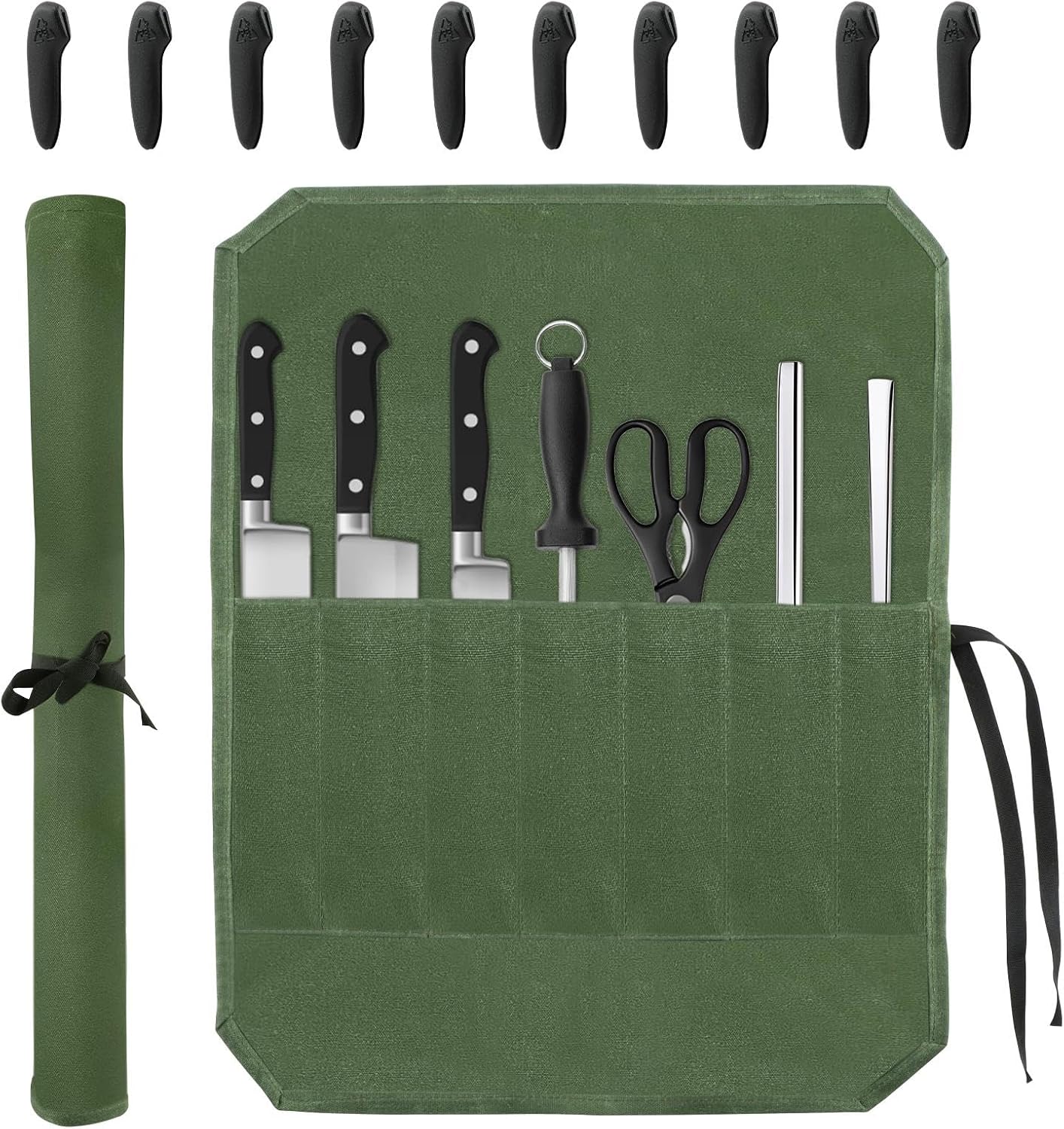 Knife Roll Bag, Chef’s Knife Roll Bag, Waterproof Waxed Canvas Pouch with 7 Slots, Multi-function Cutlery Knives Pouch Holder for Home Kitchen Travel Camping