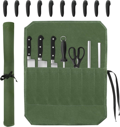Knife Roll Bag, Chef’s Knife Roll Bag, Waterproof Waxed Canvas Pouch with 7 Slots, Multi-function Cutlery Knives Pouch Holder for Home Kitchen Travel Camping