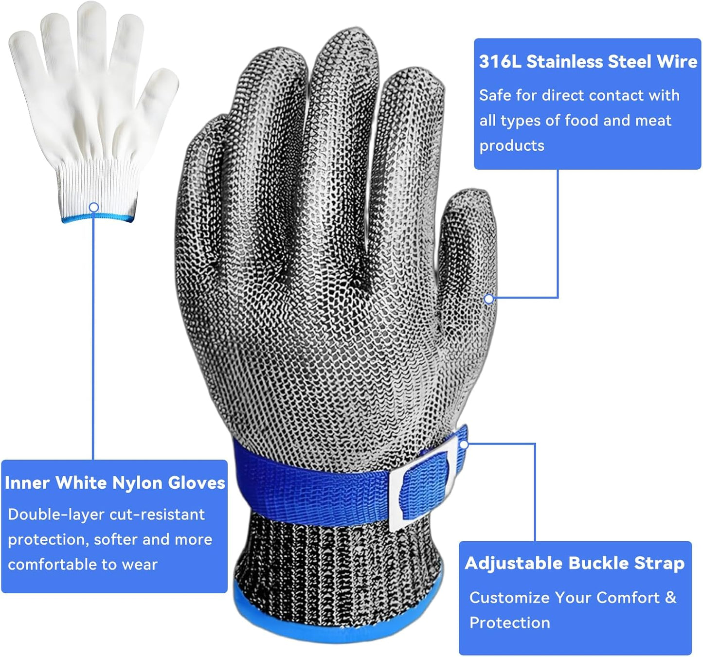 A9 Cut Resistant Chainmail Gloves – Stainless Steel Mesh Metal Glove with Adjustable Wrist Buckle & Nylon Liner Gloves