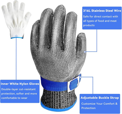 A9 Cut Resistant Chainmail Gloves – Stainless Steel Mesh Metal Glove with Adjustable Wrist Buckle & Nylon Liner Gloves