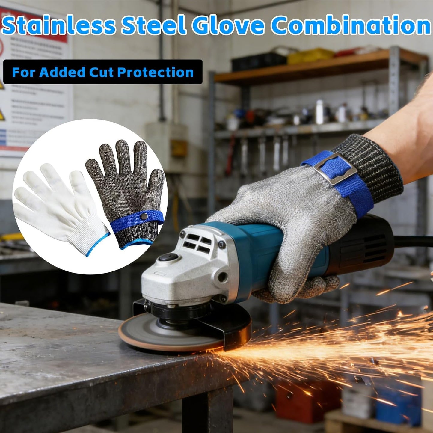 A9 Cut Resistant Chainmail Gloves – Stainless Steel Mesh Metal Glove with Adjustable Wrist Buckle & Nylon Liner Gloves