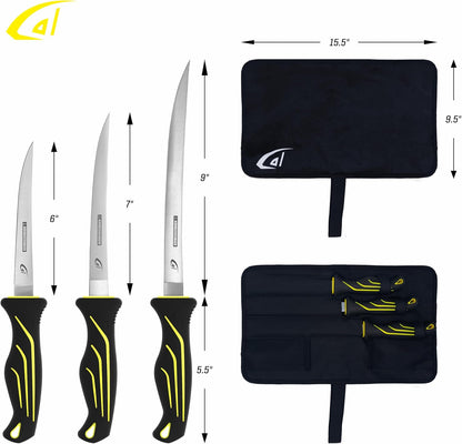 danco 4-Piece Fishing Fillet Knife Kit with Roll Bag, 6, 7 and 9-Inch Set | 4-Piece Fishing Fillet Knife Kit, 6, 7 and 9-Inch Stainless Steel Blades, Non-Slip Handles, 1000D Roll Bag, Fresh/Saltwater