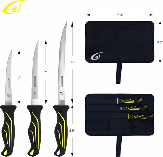 danco 4-Piece Fishing Fillet Knife Kit with Roll Bag, 6, 7 and 9-Inch Set | 4-Piece Fishing Fillet Knife Kit, 6, 7 and 9-Inch Stainless Steel Blades, Non-Slip Handles, 1000D Roll Bag, Fresh/Saltwater