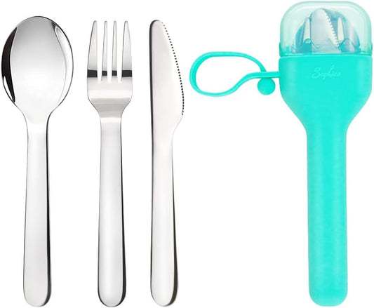 Stainless Steel Utensil Set w/Silicone Case for Camping/Kids Lunch | Stainless Steel Fork and Spoon, Knife Silverware,Portable & Leak-proof, Dishwasher Safe
