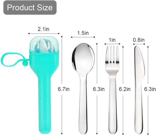 Stainless Steel Utensil Set w/Silicone Case for Camping/Kids Lunch | Stainless Steel Fork and Spoon, Knife Silverware,Portable & Leak-proof, Dishwasher Safe
