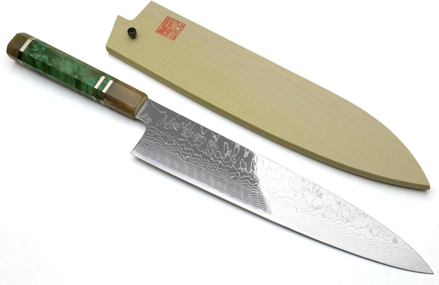 Yoshihiro Damascus SG2 (R2) Semi-Stainless Gyuto Chefs Knife (10.5'' (270mm), Stabilized Maple Burl Handle & Triple Ring)