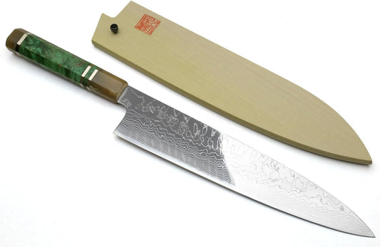 Yoshihiro Damascus SG2 (R2) Semi-Stainless Gyuto Chefs Knife (10.5'' (270mm), Stabilized Maple Burl Handle & Triple Ring)