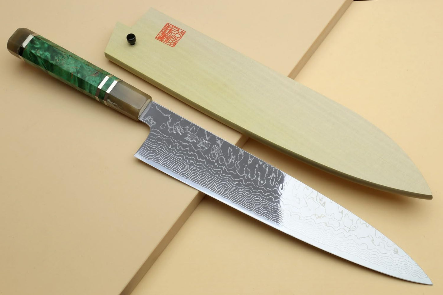 Yoshihiro Damascus SG2 (R2) Semi-Stainless Gyuto Chefs Knife (10.5'' (270mm), Stabilized Maple Burl Handle & Triple Ring)