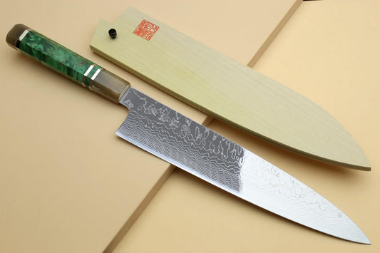 Yoshihiro Damascus SG2 (R2) Semi-Stainless Gyuto Chefs Knife (10.5'' (270mm), Stabilized Maple Burl Handle & Triple Ring)