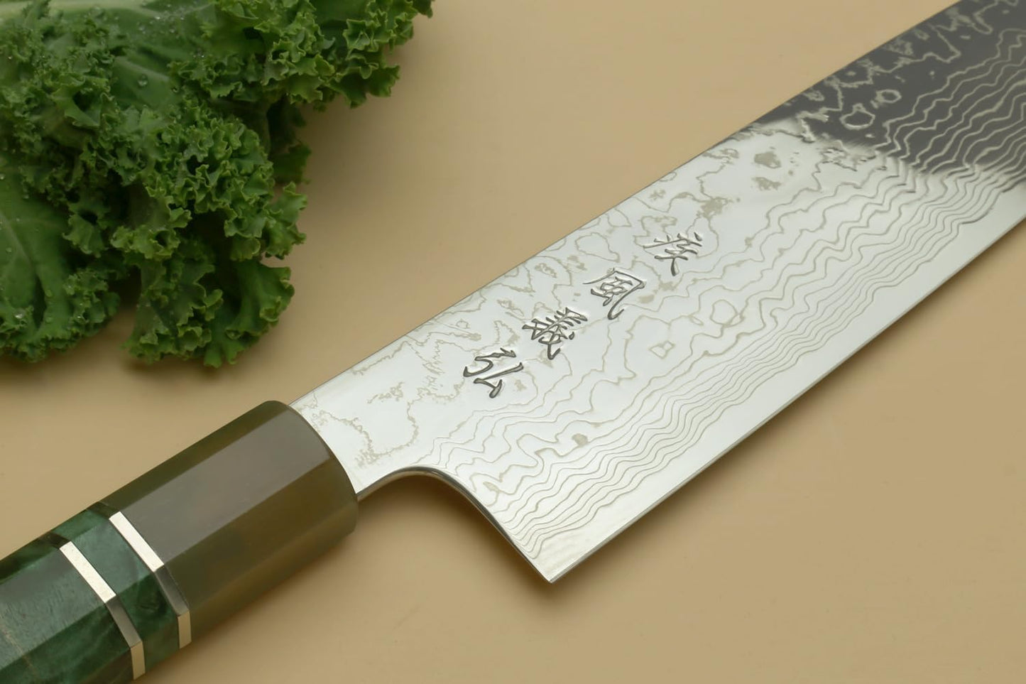 Yoshihiro Damascus SG2 (R2) Semi-Stainless Gyuto Chefs Knife (10.5'' (270mm), Stabilized Maple Burl Handle & Triple Ring)