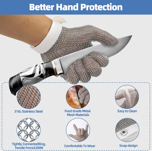 Cut Resistant Chainmail Glove, Food Grade Stainless Steel 316 Hand Protective Glove, PPE Metal Mesh Cutting Glove