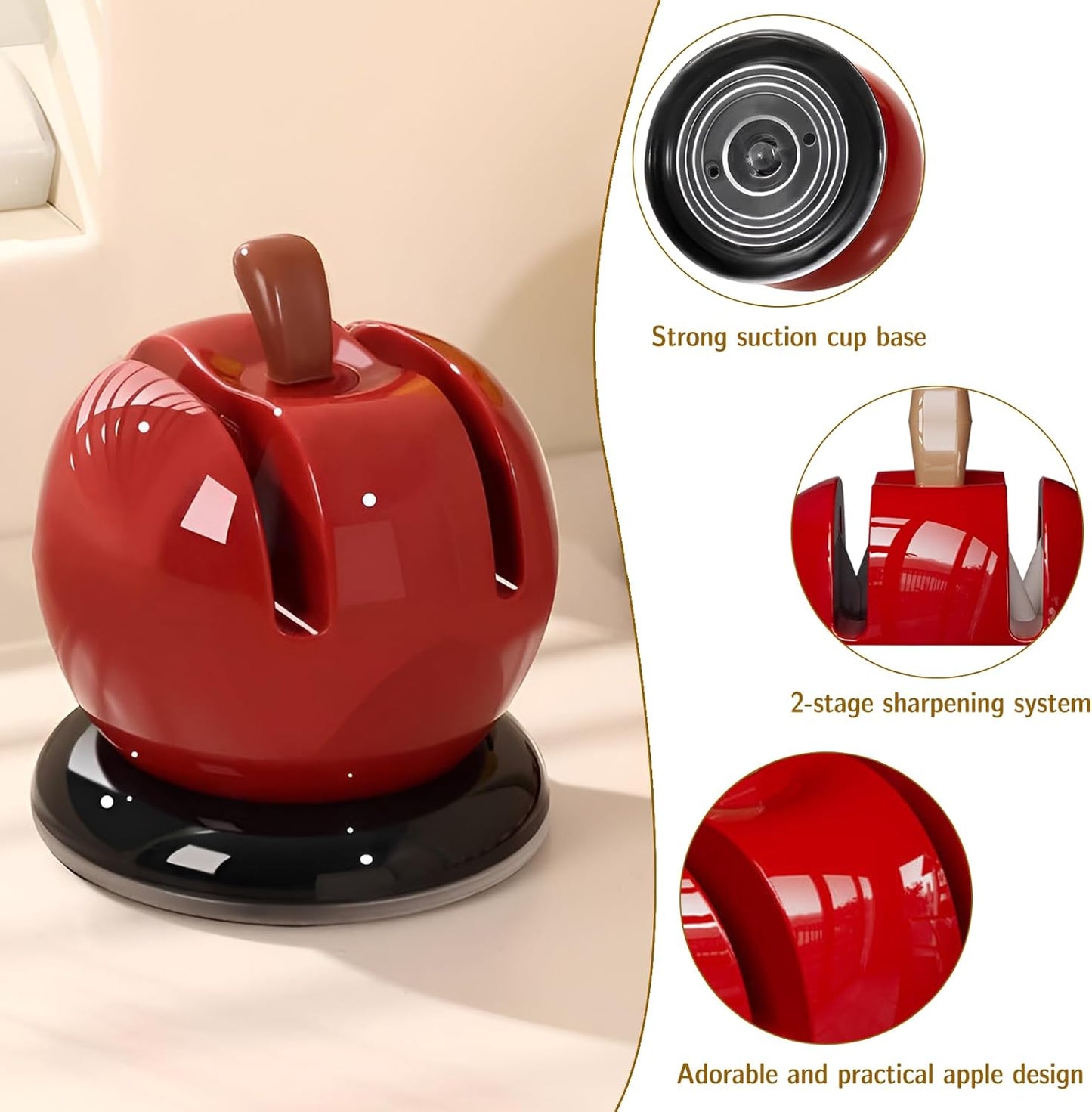 Apple Kitchen Knife Sharpener - Quick Pull Through Knife Sharpener with Suction Cup|Tungsten Carbide & Ceramic Blades (2-Stage)|Cute Kitchen Gadget,Gift for Mom