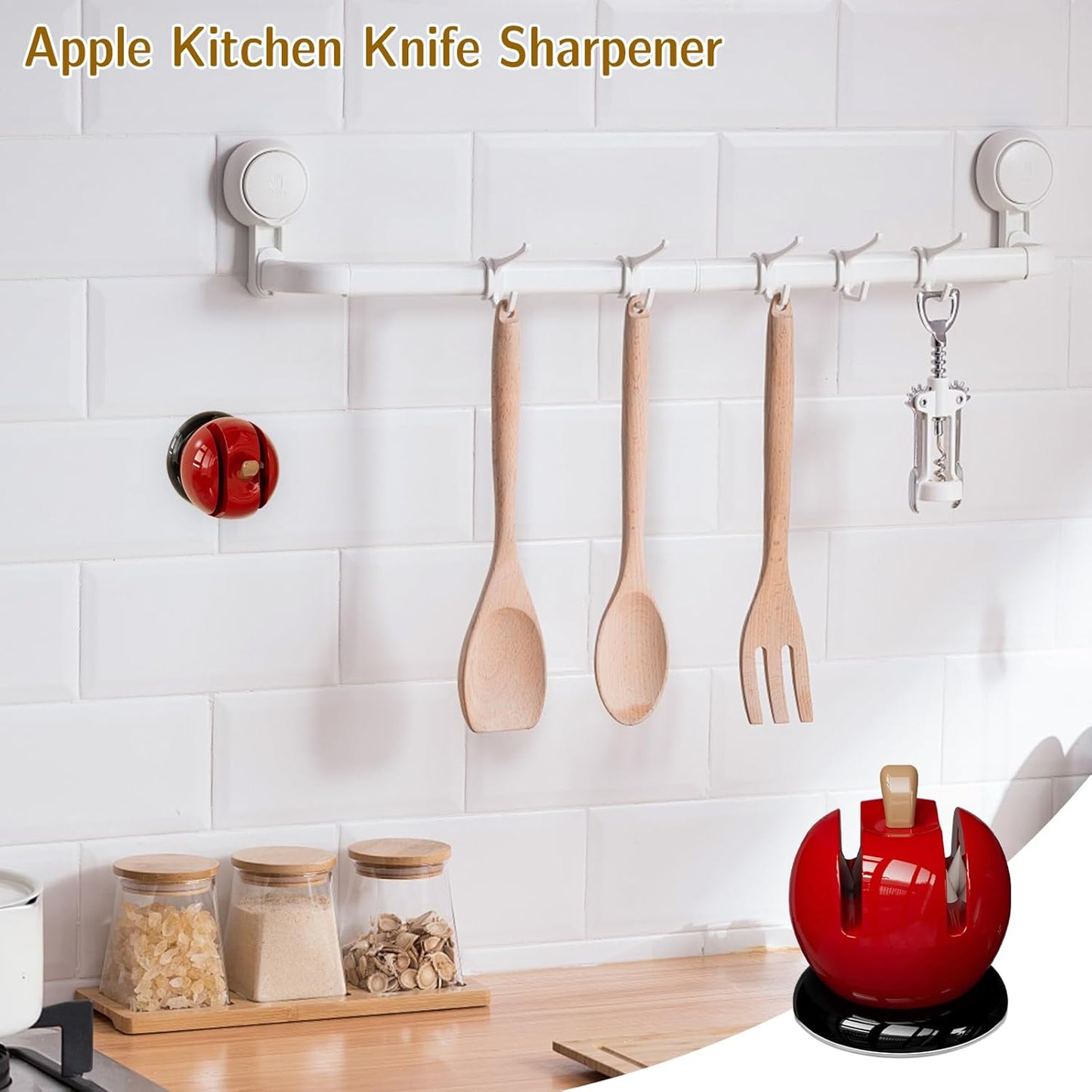 Apple Kitchen Knife Sharpener - Quick Pull Through Knife Sharpener with Suction Cup|Tungsten Carbide & Ceramic Blades (2-Stage)|Cute Kitchen Gadget,Gift for Mom