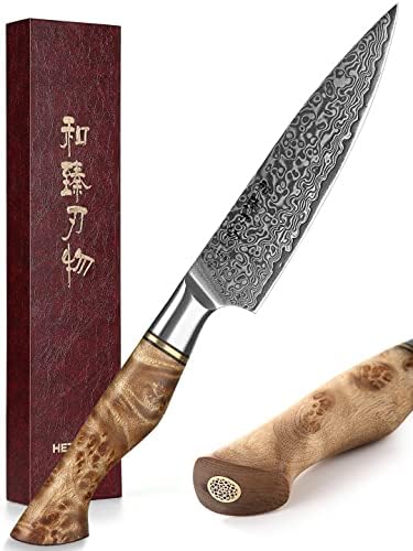 5 inch Utility Knife with Razor Sharp- Damascus Steel with Rose Pattern Multifunctional VG10 Professional Paring-Fruit knife- Master Series Ergonomic Figured Sycamore Wood Handle