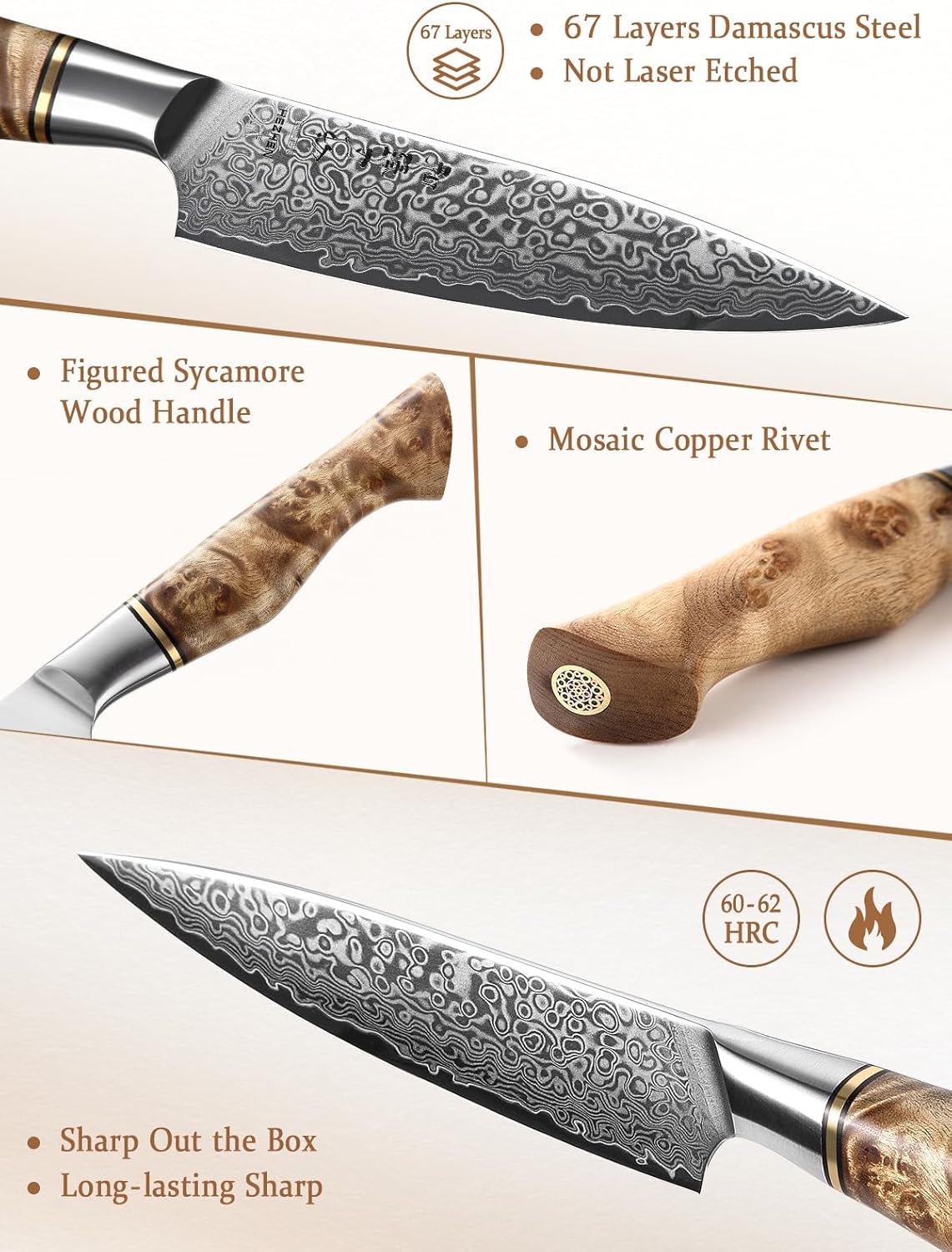 5 inch Utility Knife with Razor Sharp- Damascus Steel with Rose Pattern Multifunctional VG10 Professional Paring-Fruit knife- Master Series Ergonomic Figured Sycamore Wood Handle