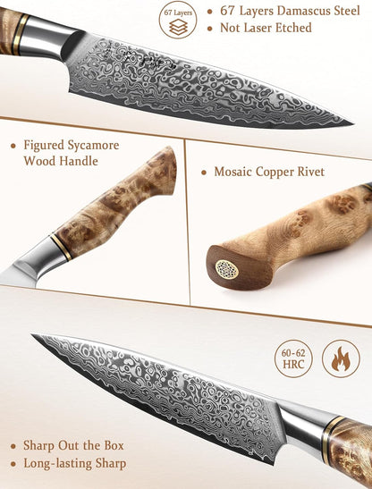 5 inch Utility Knife with Razor Sharp- Damascus Steel with Rose Pattern Multifunctional VG10 Professional Paring-Fruit knife- Master Series Ergonomic Figured Sycamore Wood Handle