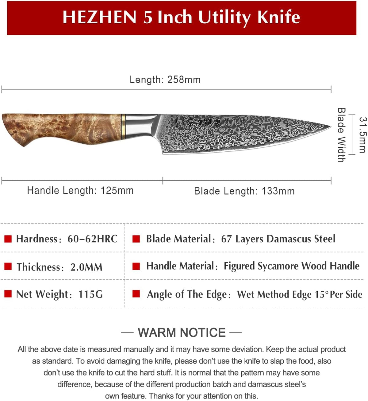5 inch Utility Knife with Razor Sharp- Damascus Steel with Rose Pattern Multifunctional VG10 Professional Paring-Fruit knife- Master Series Ergonomic Figured Sycamore Wood Handle