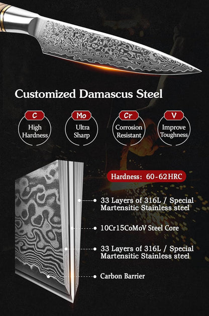 5 inch Utility Knife with Razor Sharp- Damascus Steel with Rose Pattern Multifunctional VG10 Professional Paring-Fruit knife- Master Series Ergonomic Figured Sycamore Wood Handle