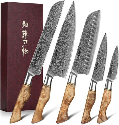 5 inch Utility Knife with Razor Sharp- Damascus Steel with Rose Pattern Multifunctional VG10 Professional Paring-Fruit knife- Master Series Ergonomic Figured Sycamore Wood Handle